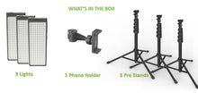 Load image into Gallery viewer, PRO3 - Three Point Lighting Set - Three 180 LED Lights &amp; Three Pro Stands Kit