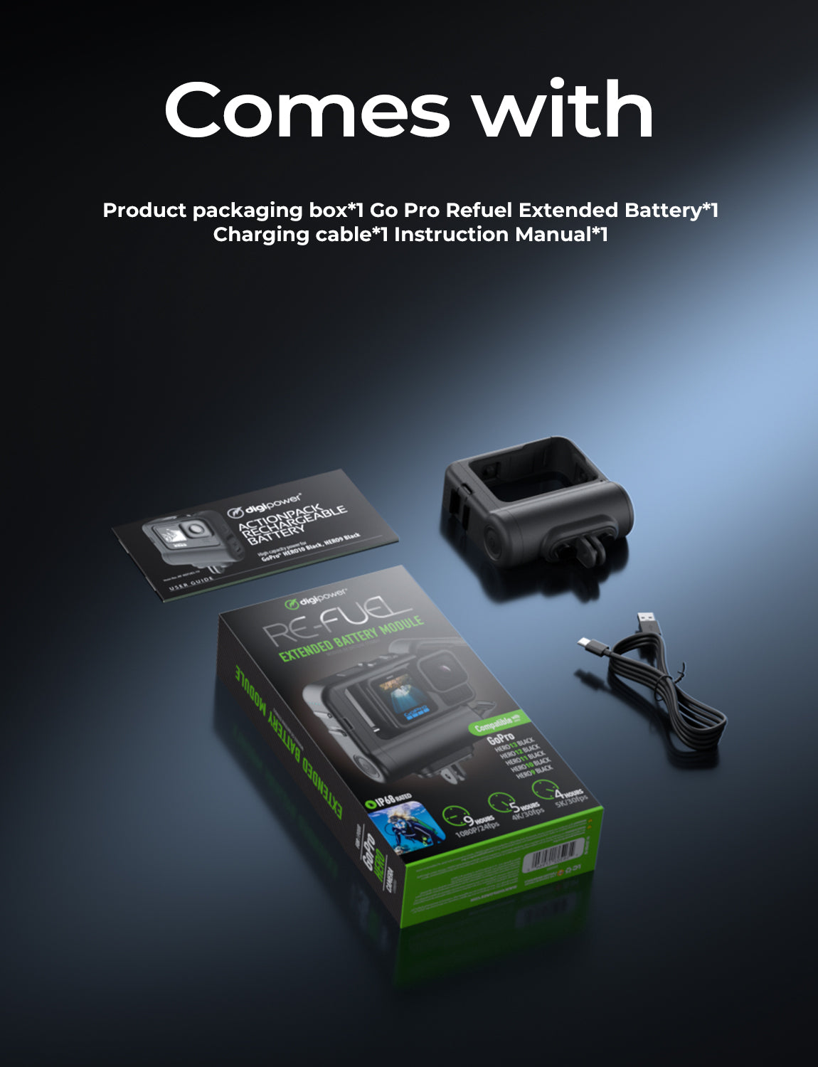 Extended Battery Module For GoPro HERO13, HERO12, HERO11, Hero10 & HERO9 (BLACK) Action Cameras