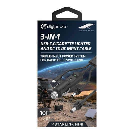 DIGIPOWER 3M (9.8ft) 3 in 1 Power Cable for Starlink Mini, USB-C/DC/12V