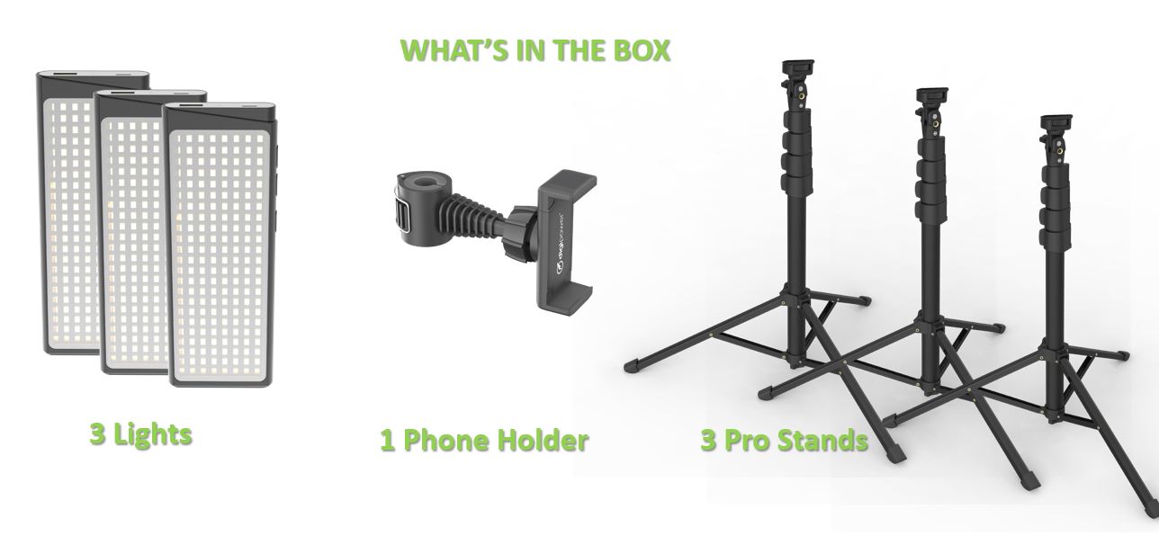 PRO3 - Three Point Lighting Set - Three 180 LED Lights & Three Pro Stands Kit